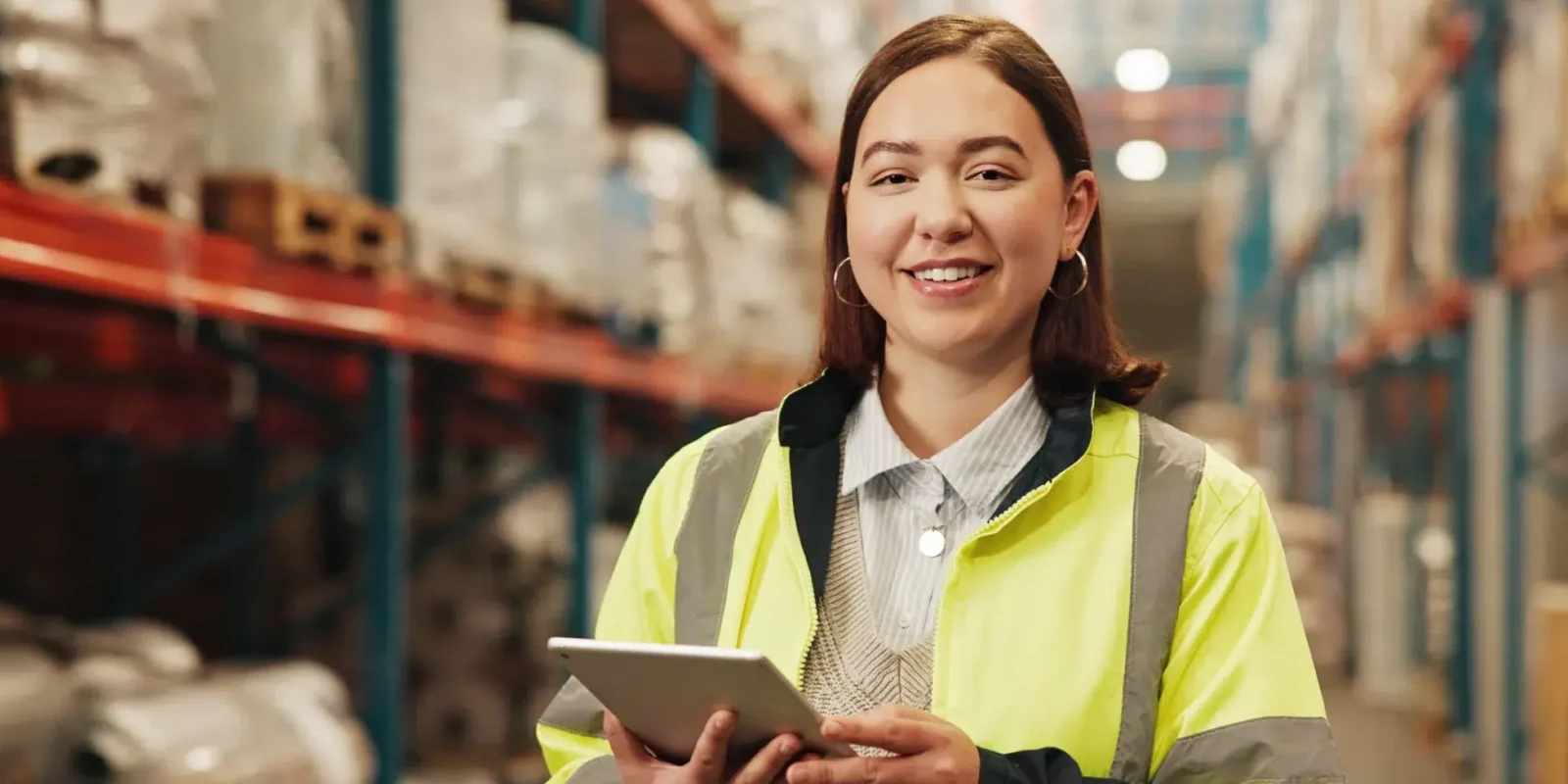 A cold storage logistics manager inside a cold storage warehouse, wearing a high-vis safety jacket and holding a tablet.