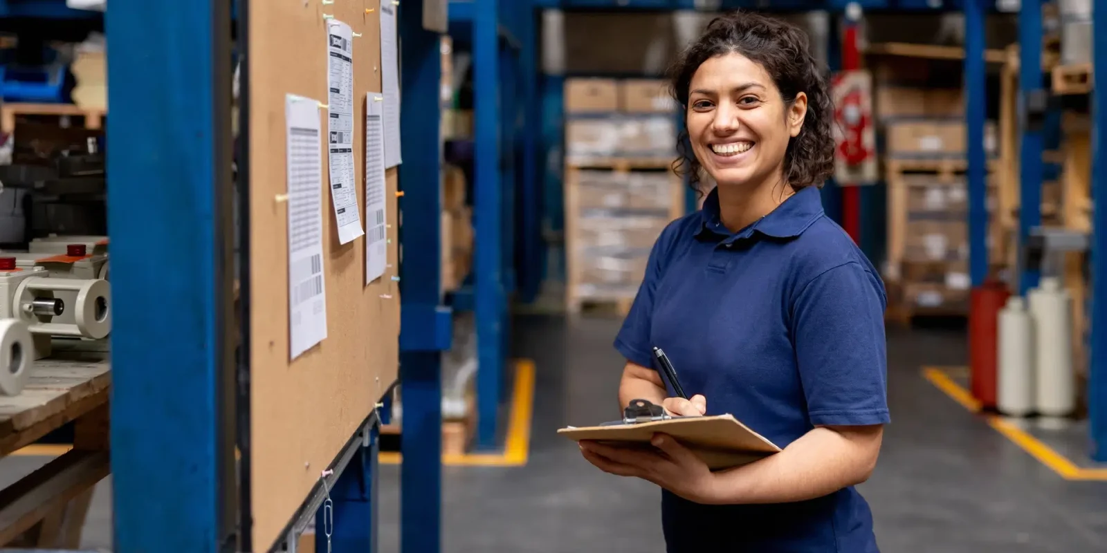 smiling-trappers-transport-warehouse-logistics-employee A smiling Trappers Transport employee in a cold storage warehouse, looking at logistics bulletins and writing on a clipboard.