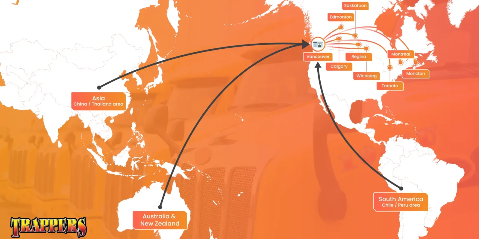 A graphic showing a map of shipping routes in Trappers Transport's logistics network. The routes go from China, Australia, and Chile to Vancouver, and then across Canada. From Vancouver, arrows point to cities on the map, including Edmonton, Calgary, Saskatoon, Regina, Winnipeg, Toronto, Montreal, and Moncton.